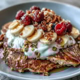A close-up of Protein Pancake Bowl with sliced bananas, chopped nuts, and a generous honey drizzle.