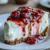 Fresh raspberry garnish and white chocolate shavings top the rich cheesecake slice, perfect for a celebratory dessert platter.