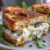 Two halves of a toasted goat cheese grilled cheese showing melted chèvre and cream cheese filling, with honey drips and a side of mixed greens. 