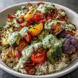 A healthy, colorful bowl features tender oven-roasted veggies and brown rice, finished with a zesty lemon and herb drizzle, served as a complete meal.
