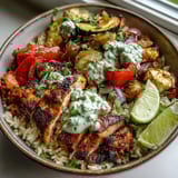 Spicy blackened chicken bowl garnished with fresh cilantro and lime wedges, served alongside vibrant sautéed vegetables and steamed rice.