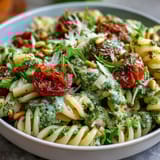 Creamy homemade pesto coats al dente pasta, mingling with juicy cherry tomatoes for a refreshing vegetarian dish.  