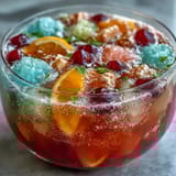 A colorful graduation party punch bowl with scoops of rainbow sherbet and bubbling Sprite, garnished with fresh citrus slices.