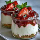 Bright, no-bake cheesecake jars layered with graham cracker crust, whipped cheesecake filling, and juicy strawberry topping.