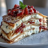 Delicate strawberry mascarpone crêpe cake, perfect for a festive Mother's Day brunch.