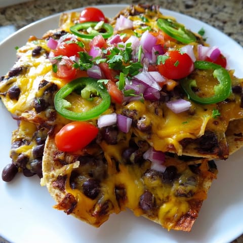 A platter overflowing with cheesy nachos, featuring black beans and fresh cilantro, looks delicious.