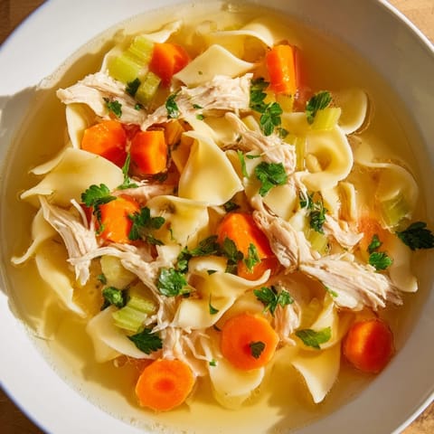 Homemade Chicken Noodle Soup served with fresh parsley, perfect for a cozy, comforting lunch or dinner.