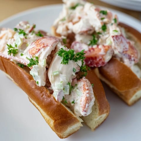 Close-up of a perfectly constructed New England Lobster Roll, a buttery brioche roll overflowing.