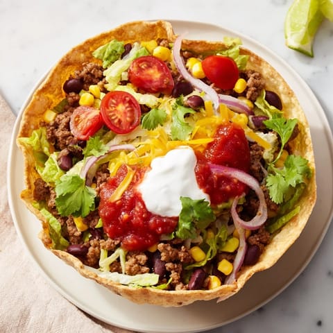 Layered taco salad with colorful veggies, beans, and cheese in a golden, crispy tortilla shell.