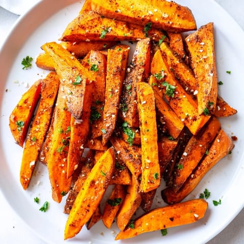 Golden, crispy oven-baked sweet potato fries, seasoned and ready to eat with dipping sauce.