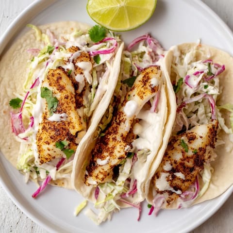 Close-up of perfectly cooked fish tacos, showcasing fresh cilantro and a squeeze of lime juice.