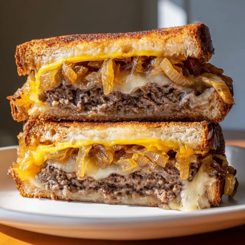 Warm, melty Patty Melt sandwich, showcasing juicy beef, caramelized onions, Swiss cheese, perfect for lunch.