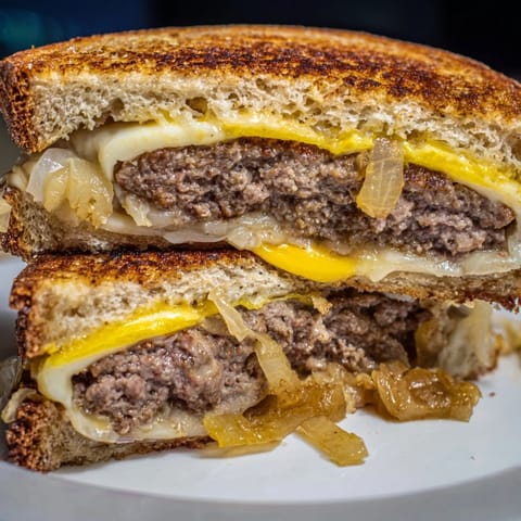 Close up view of a golden-brown Patty Melt, oozing cheese, served with pickles on a plate.