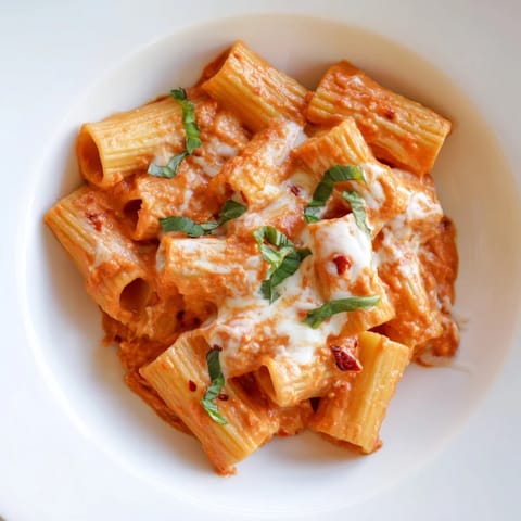 A close-up of spicy rigatoni pasta with a creamy sauce, steam rising, alongside a glass of chilled white wine.  