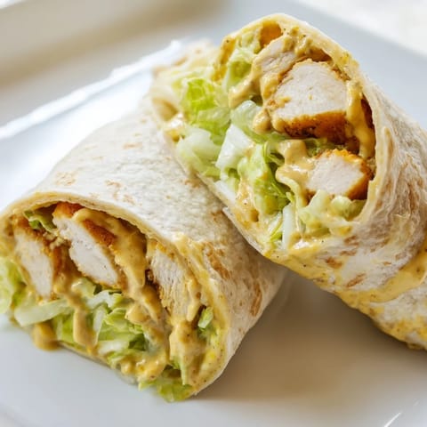 A close-up of a sliced Honey Mustard Chicken Wrap, revealing layers of tender cooked chicken, crisp romaine lettuce, and bright tomato slices on a soft flour tortilla.