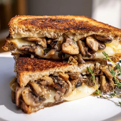 Mushroom Swiss Grilled Cheese with earthy mushrooms and creamy cheese on buttery rye, cut diagonally.