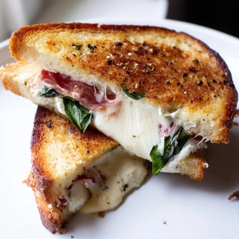 Crispy prosciutto and melted burrata grilled cheese on buttery sourdough, perfect for an easy Italian-inspired lunch.