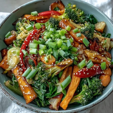 Stir-fried winter vegetables coated in savory sauce, topped with vibrant kimchi in a warm, probiotic-rich bowl.