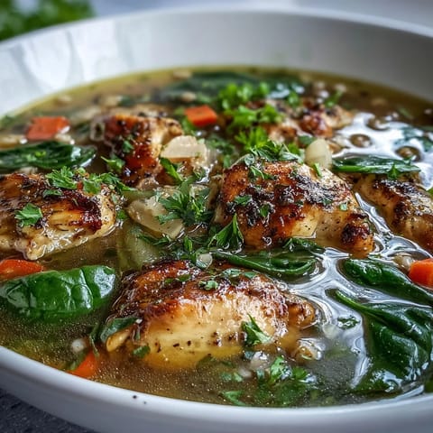 A steaming bowl of golden Soothing Turmeric Chicken With Pearl Barley, garnished with fresh parsley and lemon slices.
