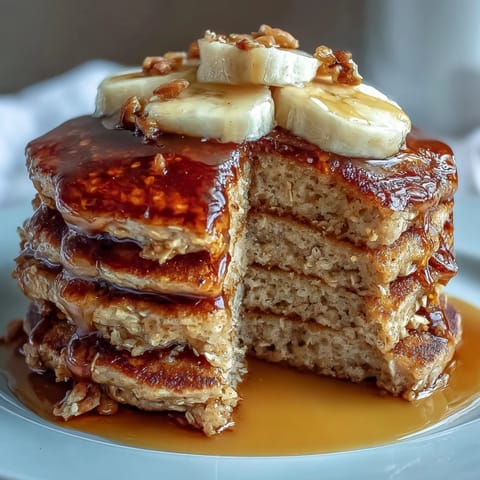 Fluffy Banana Oat Pancakes stacked high, topped with sliced banana and a generous drizzle of maple syrup on a rustic plate.