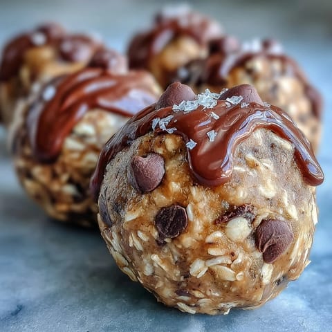 A close-up of Banana Chocolate Chip Energy Balls on a white plate, highlighting the rolled oats, melted chocolate chips, and a faint almond butter sheen.  