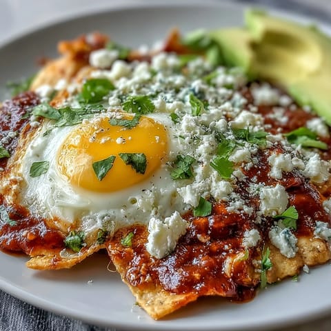 Golden crispy tortilla chips coated in zesty salsa verde, topped with a sunny-side-up egg, queso fresco, and creamy avocado slices on a plate.