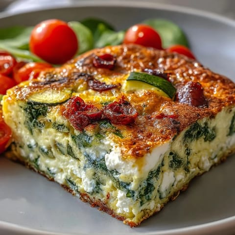 Golden-brown squares of High-Protein Sheet Pan Eggs With Cottage Cheese and Veggies, studded with red peppers and spinach, served on a rustic plate.  