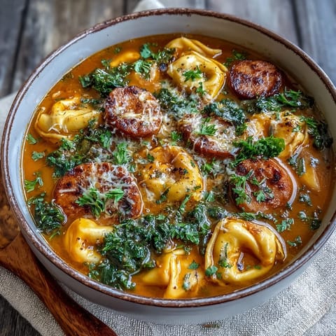 A hearty bowl of Pumpkin Tortellini Soup with chicken sausage and kale, garnished with Parmesan and fresh parsley.