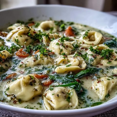Steam rises from a pot of Easy Tortellini Soup with Chicken Broth, revealing tender tortellini and fresh spinach.