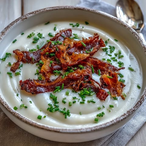 Creamy Celeriac Soup with Crispy Bacon is served in a rustic bowl, garnished with chives and golden bacon chives and golden bacon crumbles.
