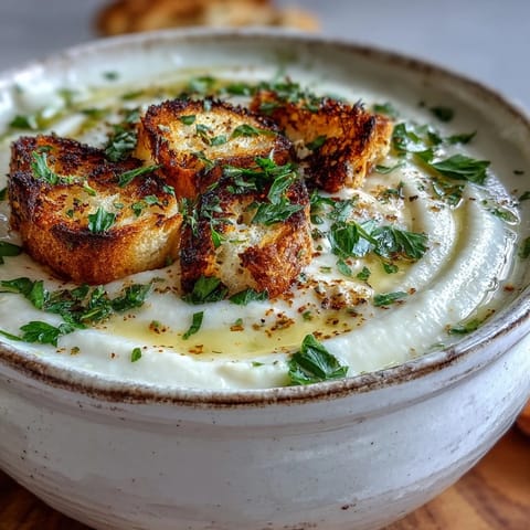 Steaming bowl of roasted garlic soup garnished with parsley and croutons, a cozy vegetarian meal.