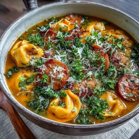 Creamy Pumpkin Tortellini Soup with chicken sausage and kale served steaming in a rustic bowl with crusty bread.