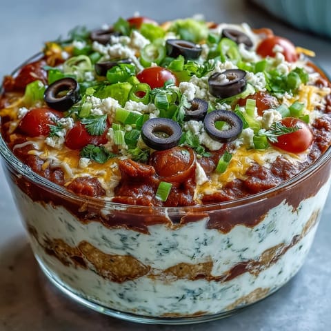 Freshly made 4-Way Layered Dip with creamy beans, zesty salsa, and melted cheddar cheese garnish.