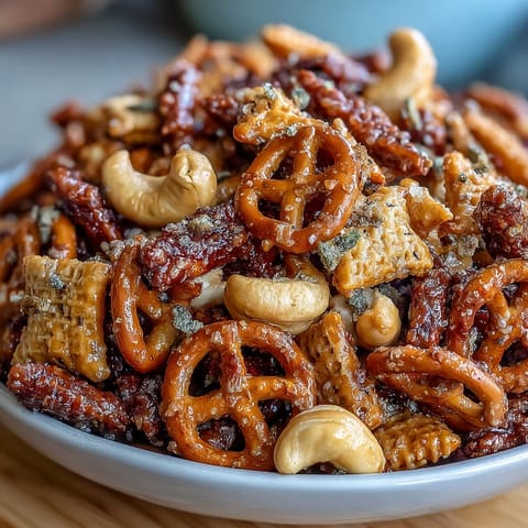 Golden-brown Everything Ranch Cheese and Pretzel Snack Mix glistening with buttery seasoning, served in a rustic bowl.