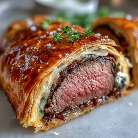 Golden, flaky Beef Wellington slices reveal juicy tenderloin, mushroom duxelles, and prosciutto layers on a rustic serving platter.