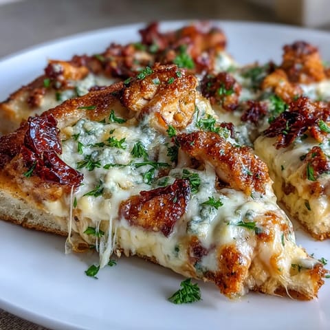 A slice of Marry Me Chicken Pizza revealing bubbling mozzarella and rich, creamy chicken on a golden crust.