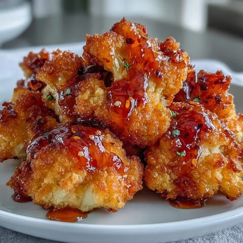 Crispy baked cauliflower florets coated in panko tossed with hot honey glaze on a rustic wooden serving platter.