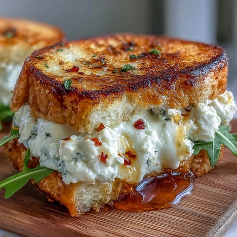 Golden-brown sourdough sandwiches stuffed with creamy goat cheese and honey, drizzled with extra honey and sprinkled with chili flakes. 