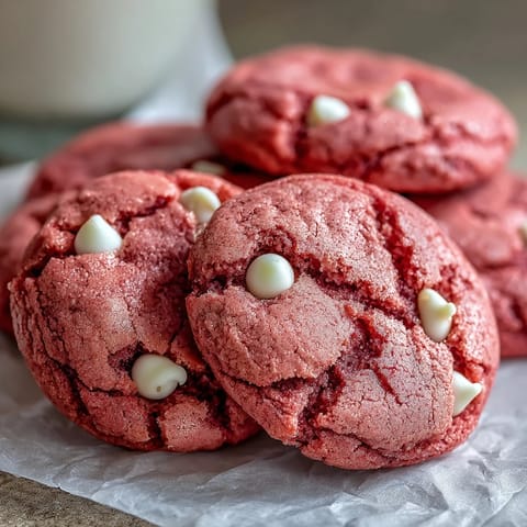 A close-up of Pink Velvet Cookies showing their vibrant pink hue, paired with a glass of milk for a classic American dessert.