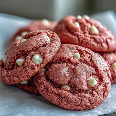 Freshly baked Pink Velvet Cookies on a wire rack, boasting soft centers and melted white chocolate chips for a sweet, festive treat.