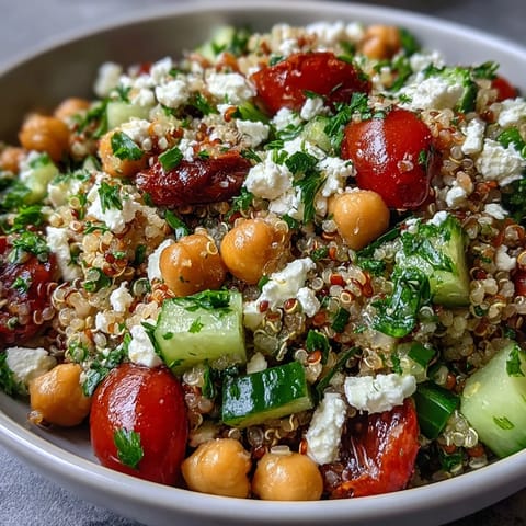 This fresh High Protein Quinoa & Chickpea Salad is served in a rustic bowl with chickpeas and herbs, perfect for a healthy lunch.