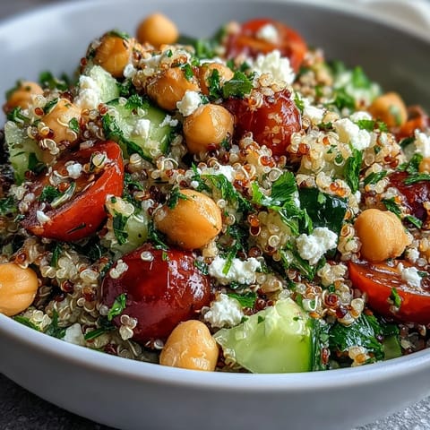 A close-up of the High Protein Quinoa & Chickpea Salad showing fluffy quinoa, fresh diced cucumber, halved cherry tomatoes, and crumbled feta cheese.