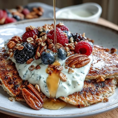 Thick Protein Pancake Bowl filled with warm oats and topped with creamy Greek yogurt and fresh berries.
