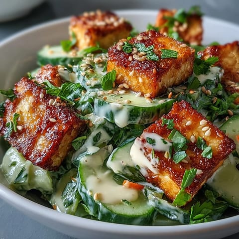 Golden crispy tofu cubes are tossed with cool, crunchy cucumbers and carrots, all coated in a creamy sesame-ginger dressing for this vibrant Creamy Asian Cucumber Salad with Crispy Tofu.