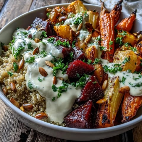 Fluffy quinoa topped with caramelized roasted root vegetables, drizzled with creamy tahini sauce.