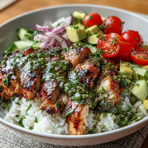 Green herb sauce drizzles over vibrant veggies in a Chimichurri Chicken Bowl ready to serve.
