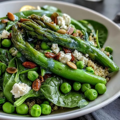 Freshly prepared Spring Green Bowl with spinach, tender vegetables, and toasted pumpkin seeds, served as a vibrant vegan main dish. 