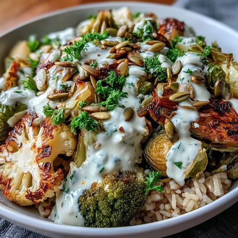 Golden roasted broccoli, cauliflower, and Brussels sprouts Roasted Brassica Bowl with tahini-lemon dressing over fluffy quinoa.