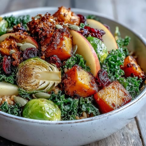 Fall Vegetable Bowl topped with toasted pumpkin seeds and cranberries, steaming in a rustic ceramic bowl.