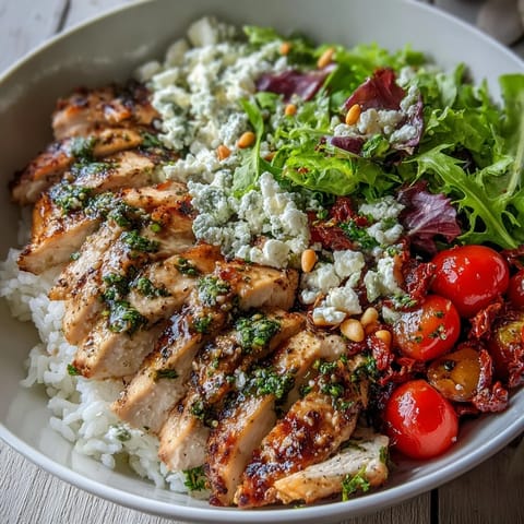 Tender golden chicken glazed with herbs rests over white rice and salad in a vibrant Sun-Dried Tomato Chicken Bowl.